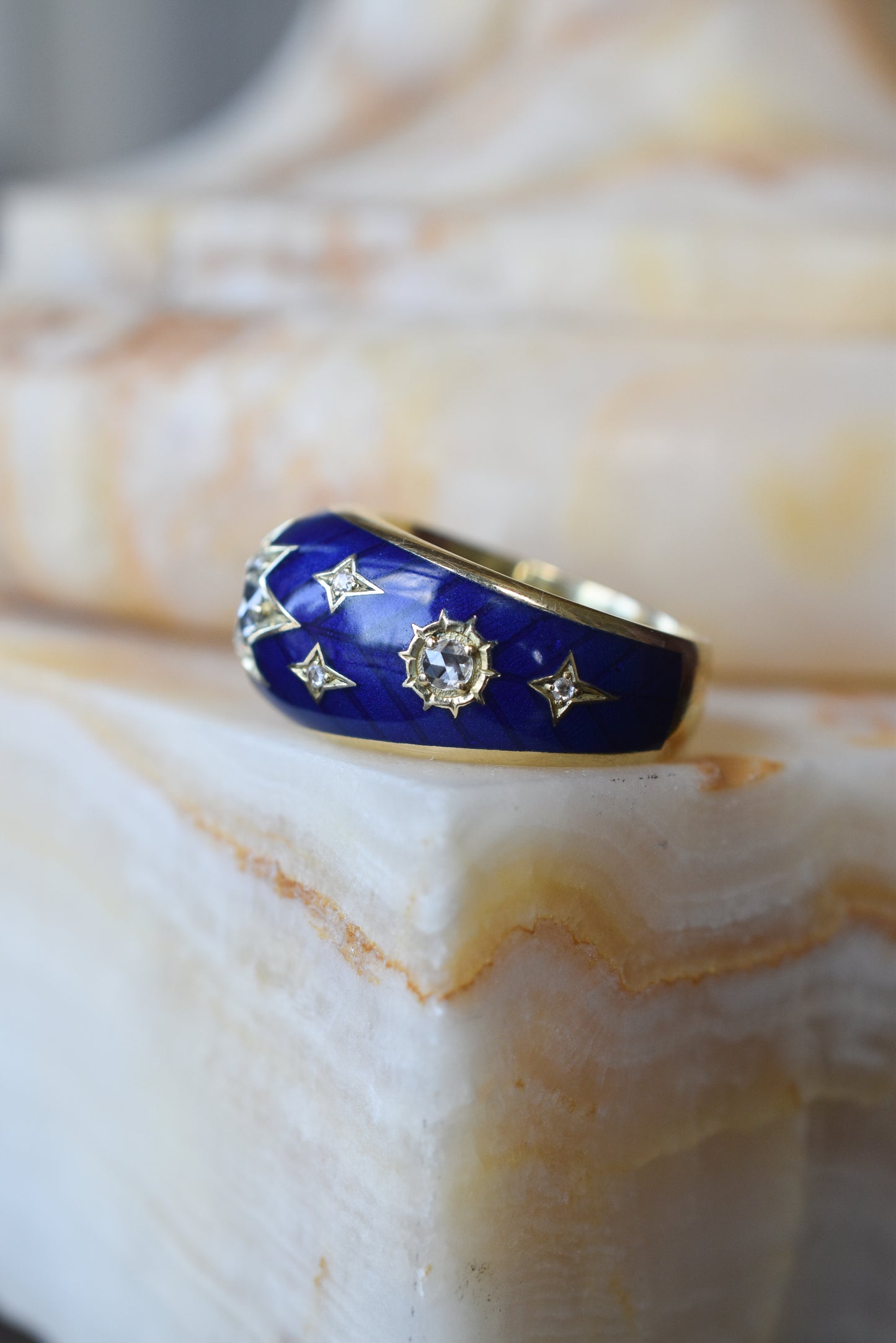 Old European cut Diamond and Blue Enamel Celestial ‘Star’ Ring in 18k Yellow Gold