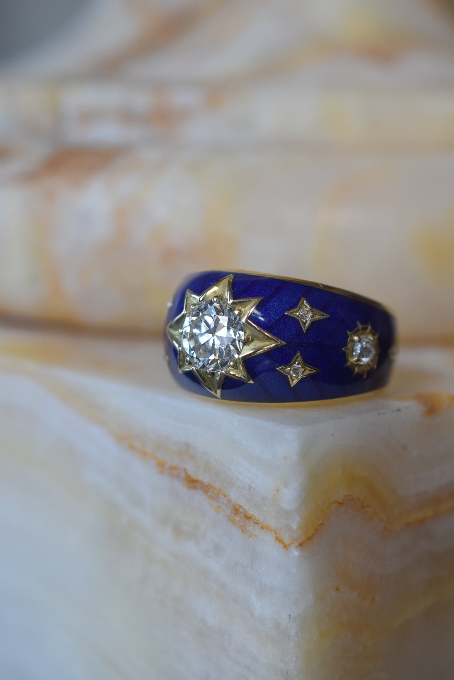 Old European cut Diamond and Blue Enamel Celestial ‘Star’ Ring in 18k Yellow Gold