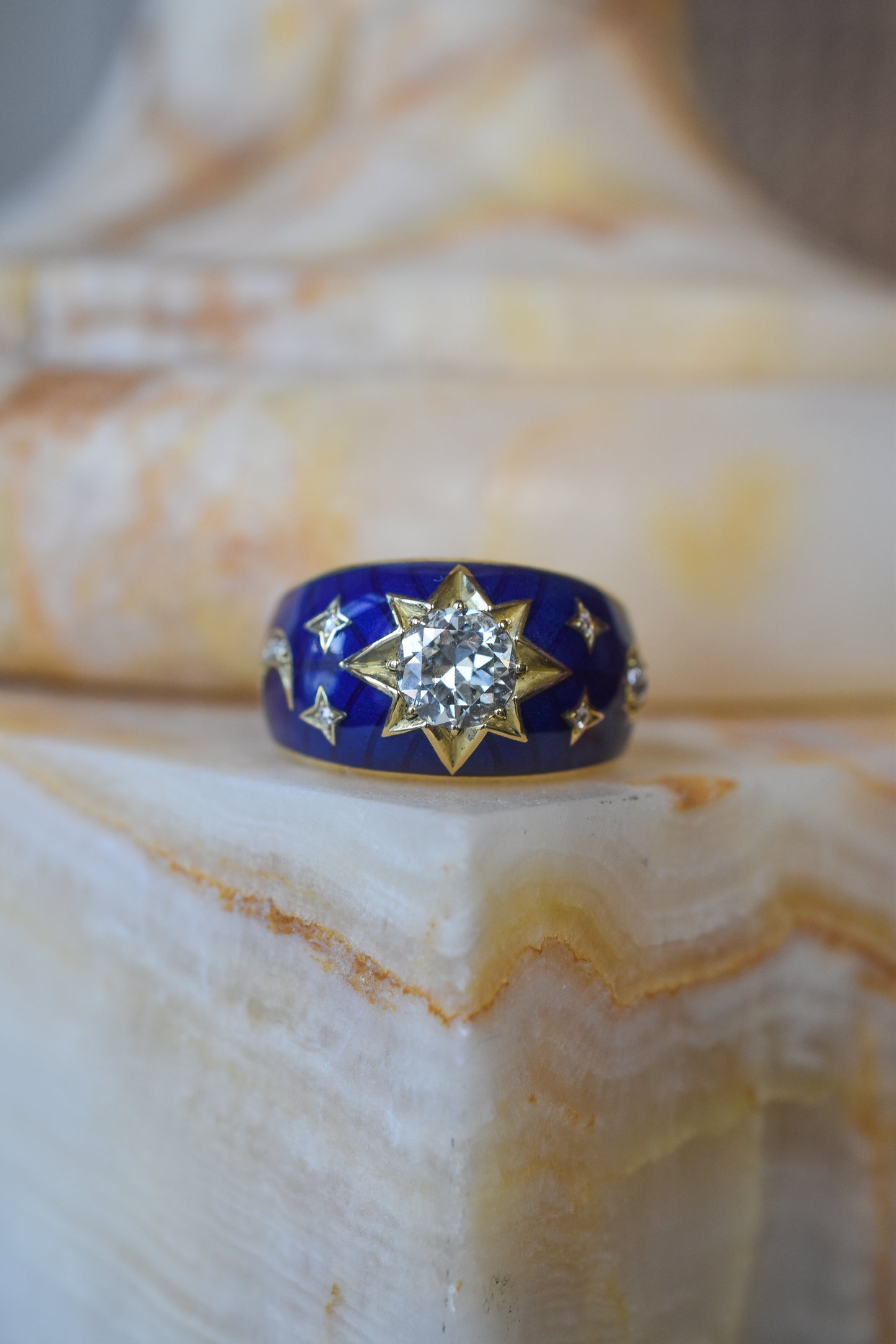 Old European cut Diamond and Blue Enamel Celestial ‘Star’ Ring in 18k Yellow Gold