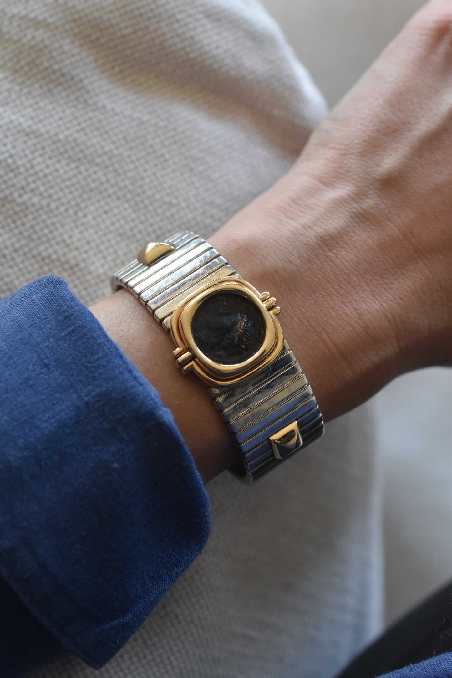 Numismatic Tubogas Cuff Bracelet in Sterling Siver and 18k Yellow Gold