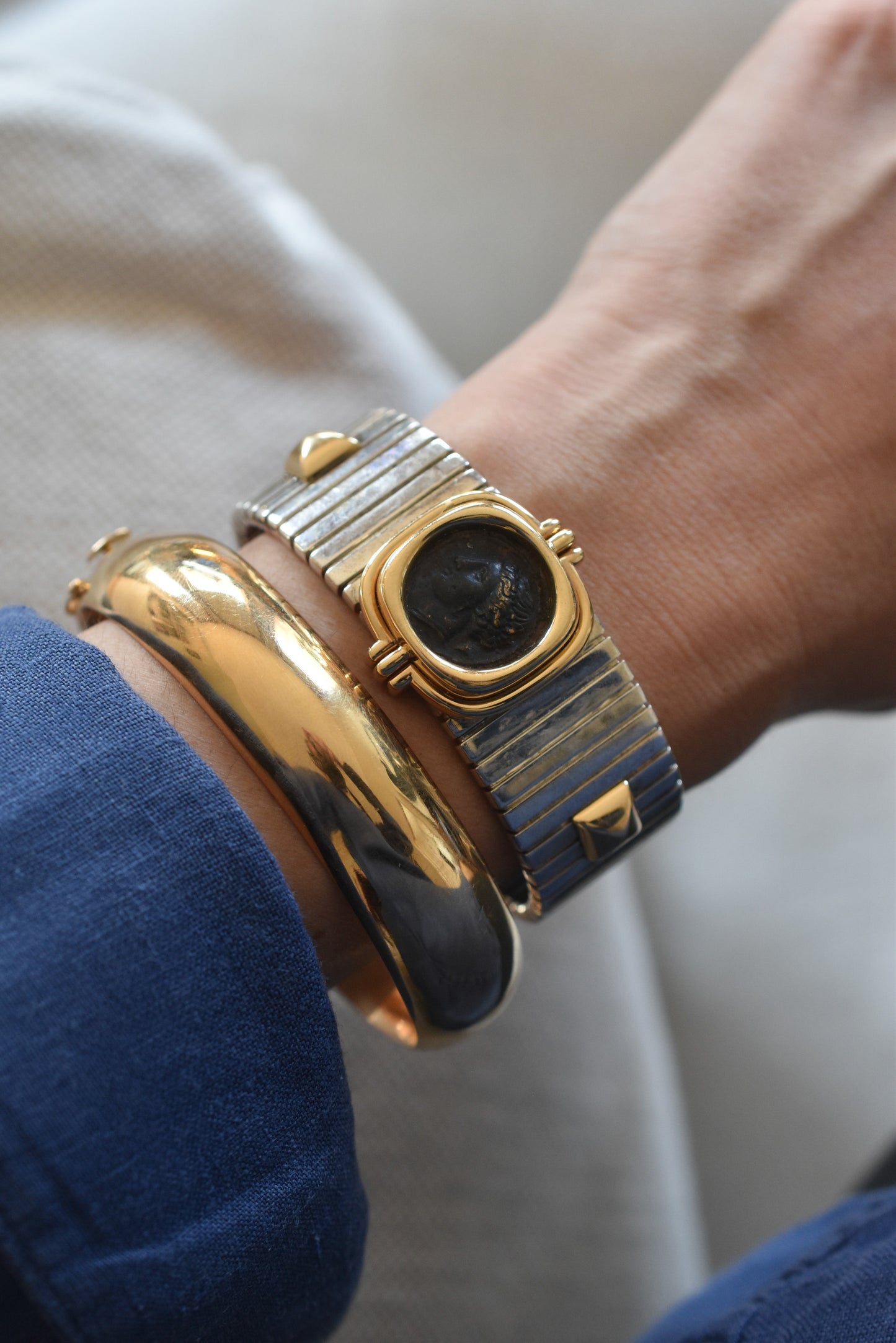 Numismatic Tubogas Cuff Bracelet in Sterling Siver and 18k Yellow Gold