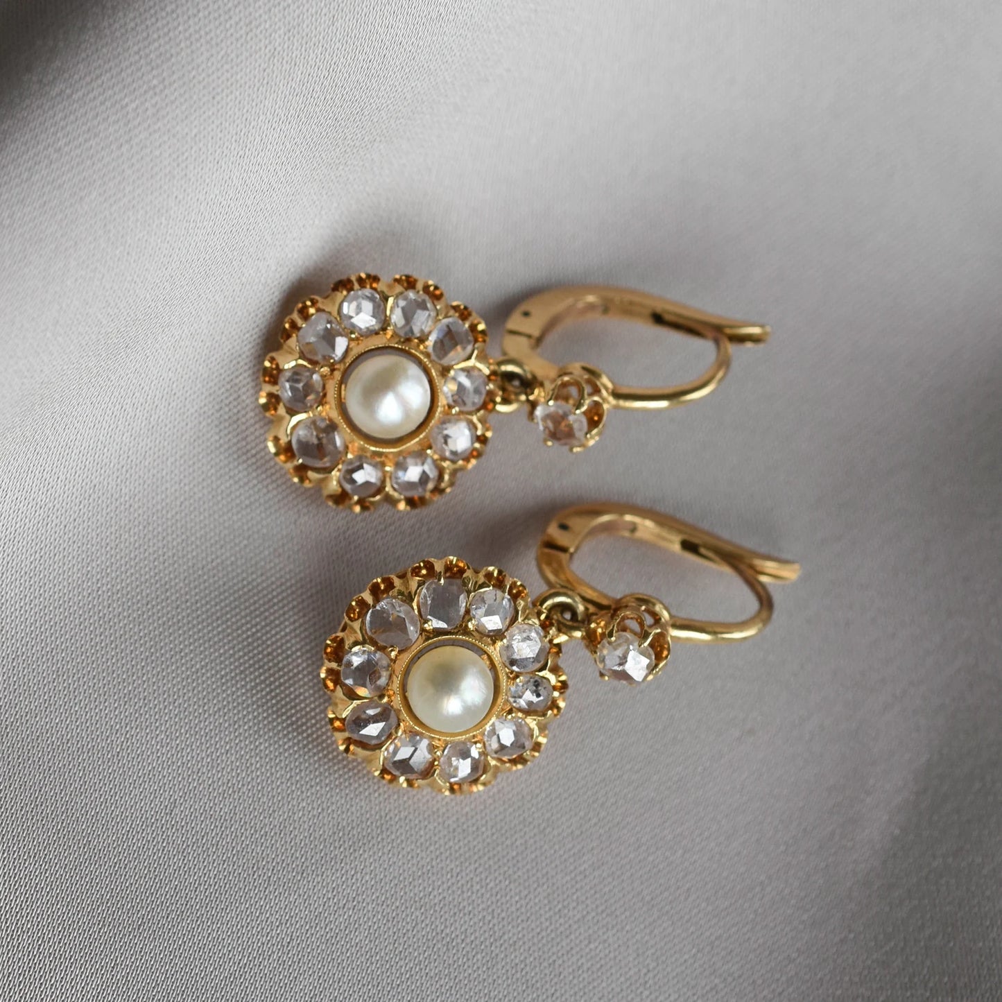 Vintage Italian Rose cut Diamond & Pearl Cluster Earrings