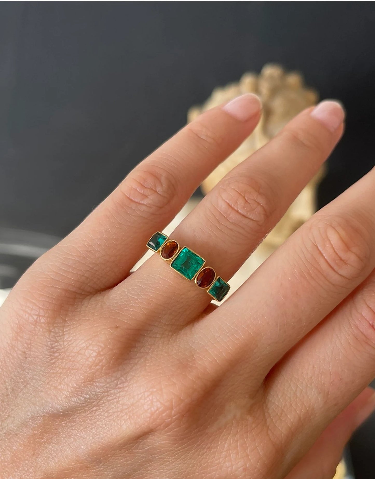 Vintage Emerald And Zircon Five Stone Ring in 22k Gold