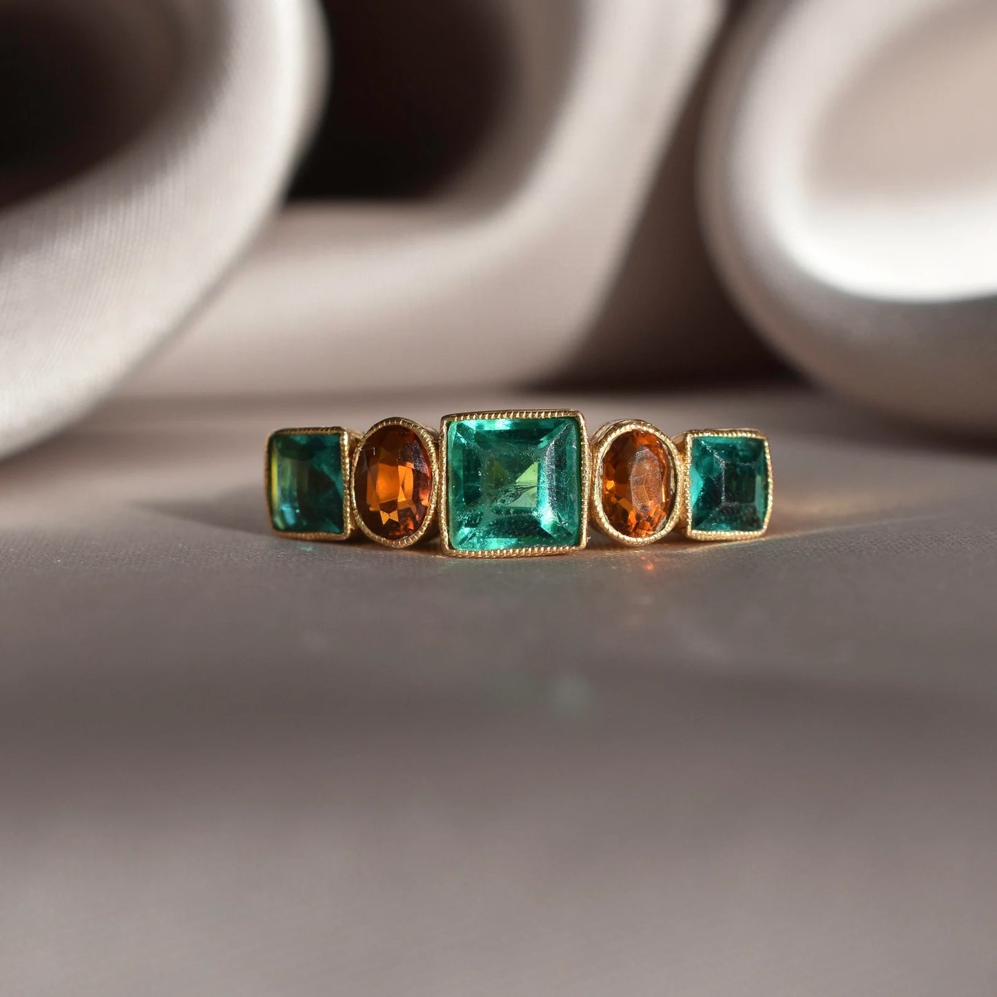 Vintage Emerald And Zircon Five Stone Ring in 22k Gold