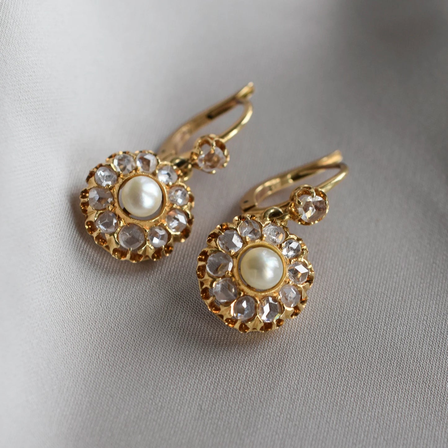 Vintage Italian Rose cut Diamond & Pearl Cluster Earrings