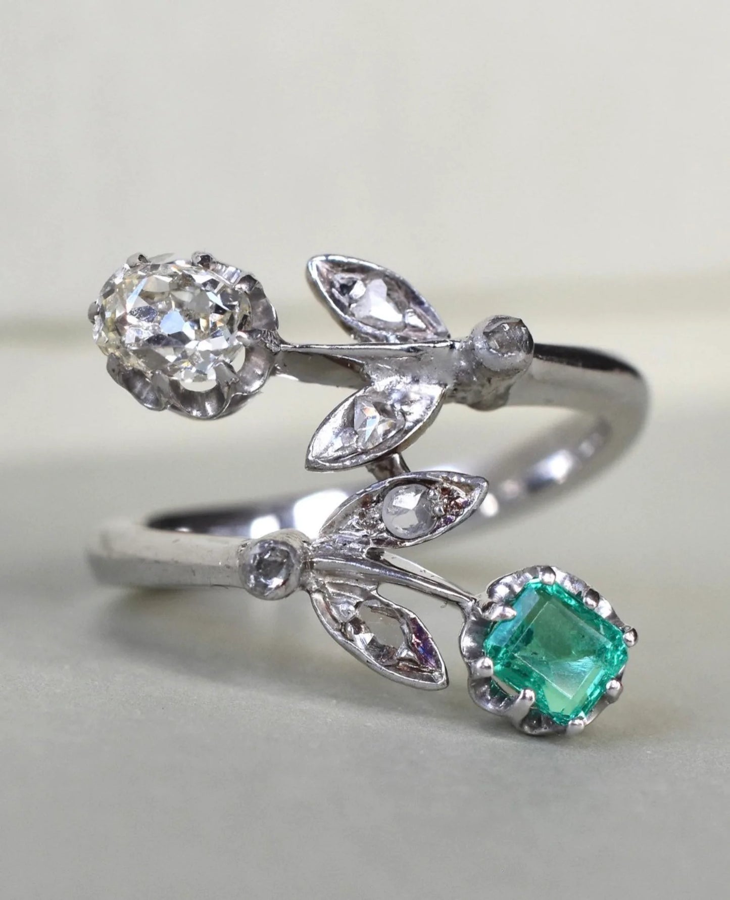 Vintage Emerald and Diamond 'Toi et Moi' Engagement Ring