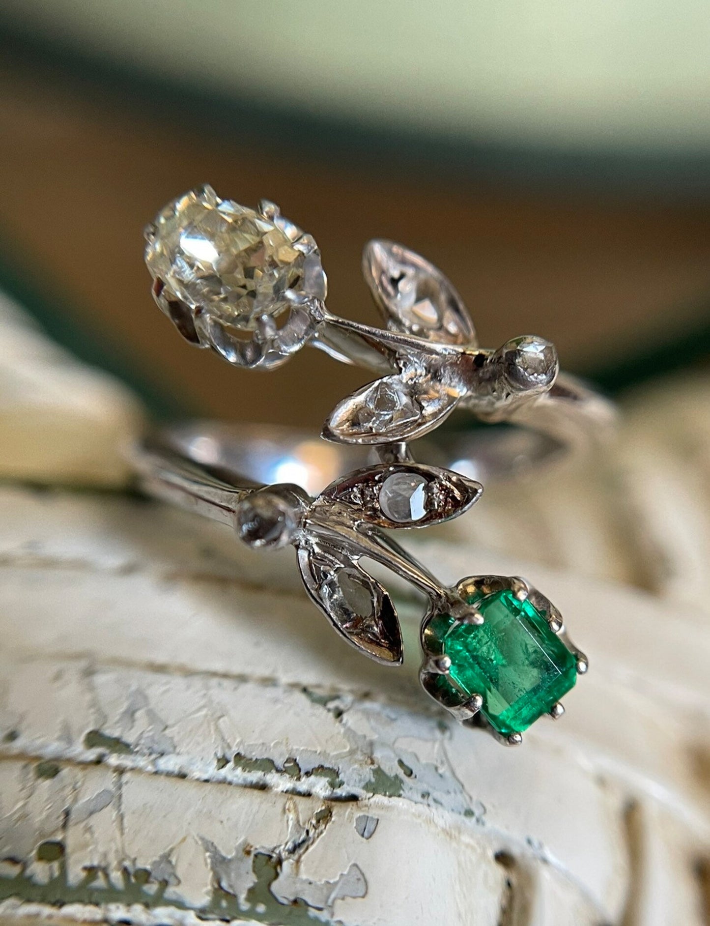 Vintage Emerald and Diamond 'Toi et Moi' Engagement Ring