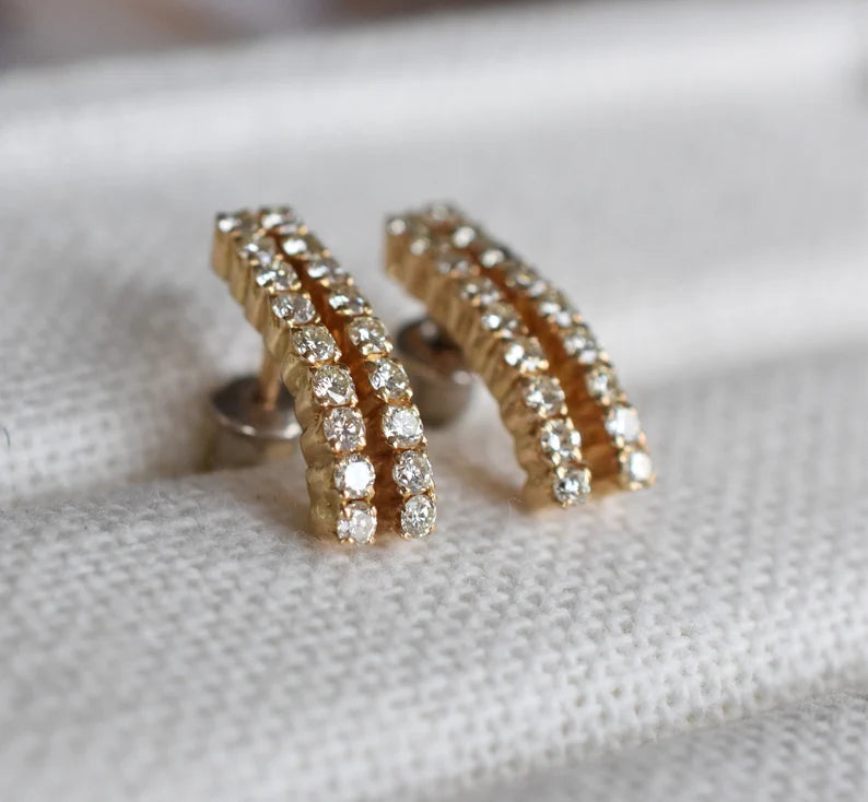 Vintage 18k Gold 1CT Diamond Double Row Earrings