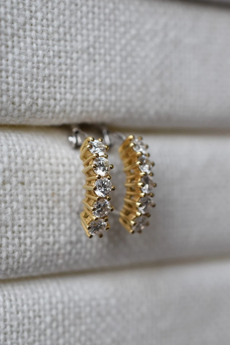 Vintage Italian 1CT Diamond Half Hoop Earrings in 18k Yellow and White Gold