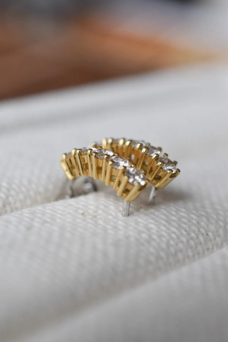 Vintage Italian 1CT Diamond Half Hoop Earrings in 18k Yellow and White Gold