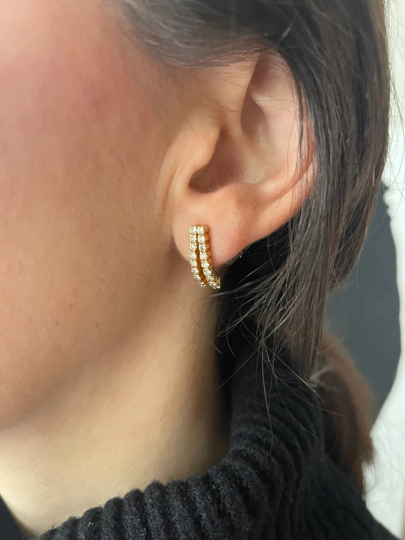 Vintage 18k Gold 1CT Diamond Double Row Earrings