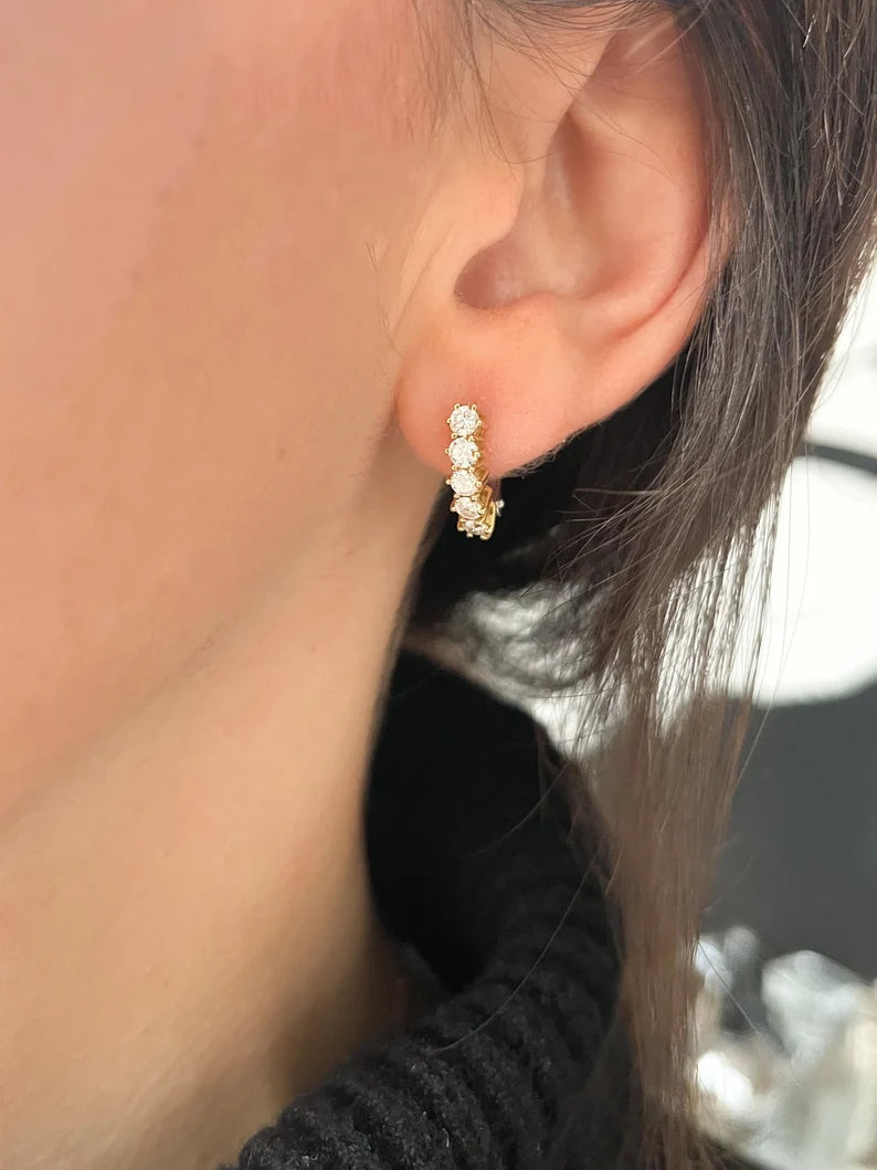 Vintage Italian 1CT Diamond Half Hoop Earrings in 18k Yellow and White Gold