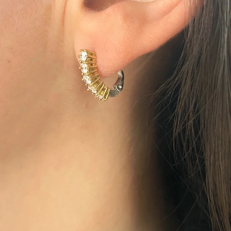 Vintage Italian 1CT Diamond Half Hoop Earrings in 18k Yellow and White Gold