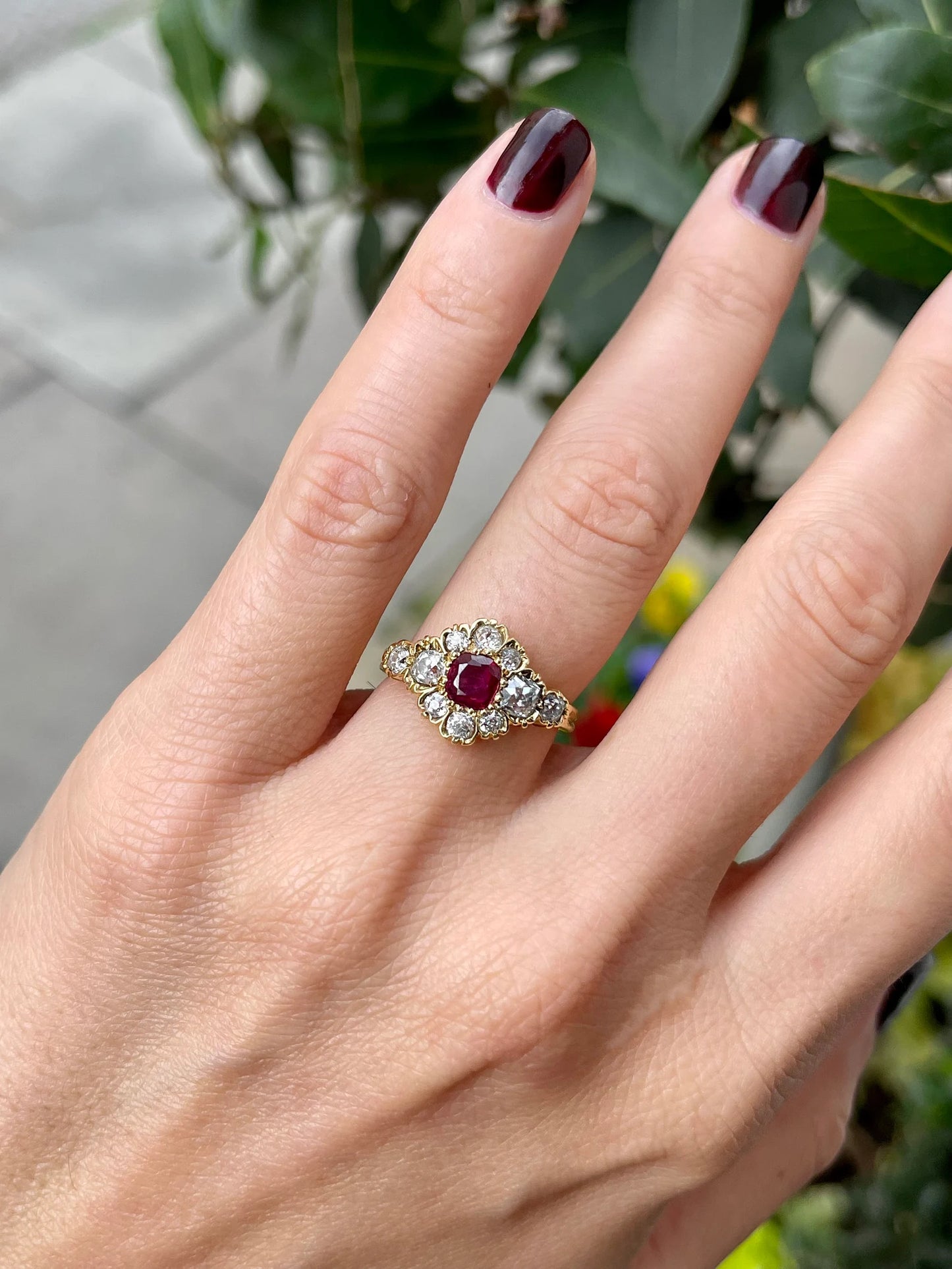 Vintage Thai Ruby and Diamond Flower Cluster Ring