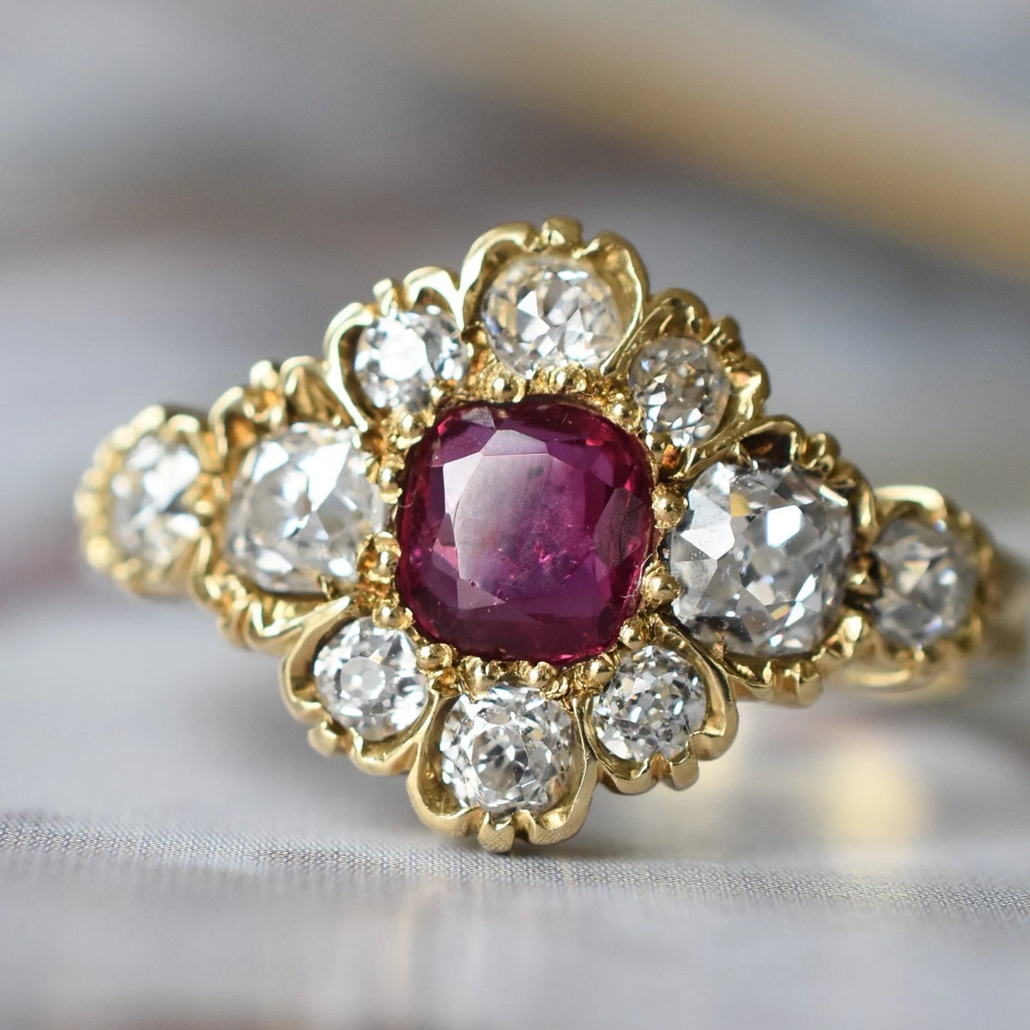 Vintage Thai Ruby and Diamond Flower Cluster Ring