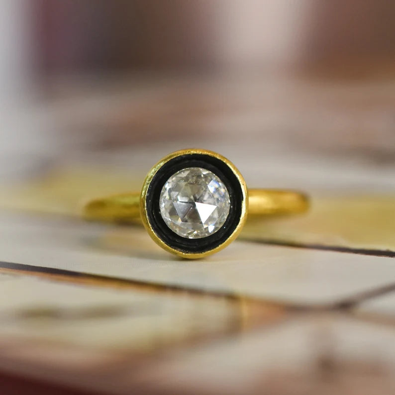 Estate 22k Gold Rose cut Diamond & Enamel Solitaire Engagement Ring