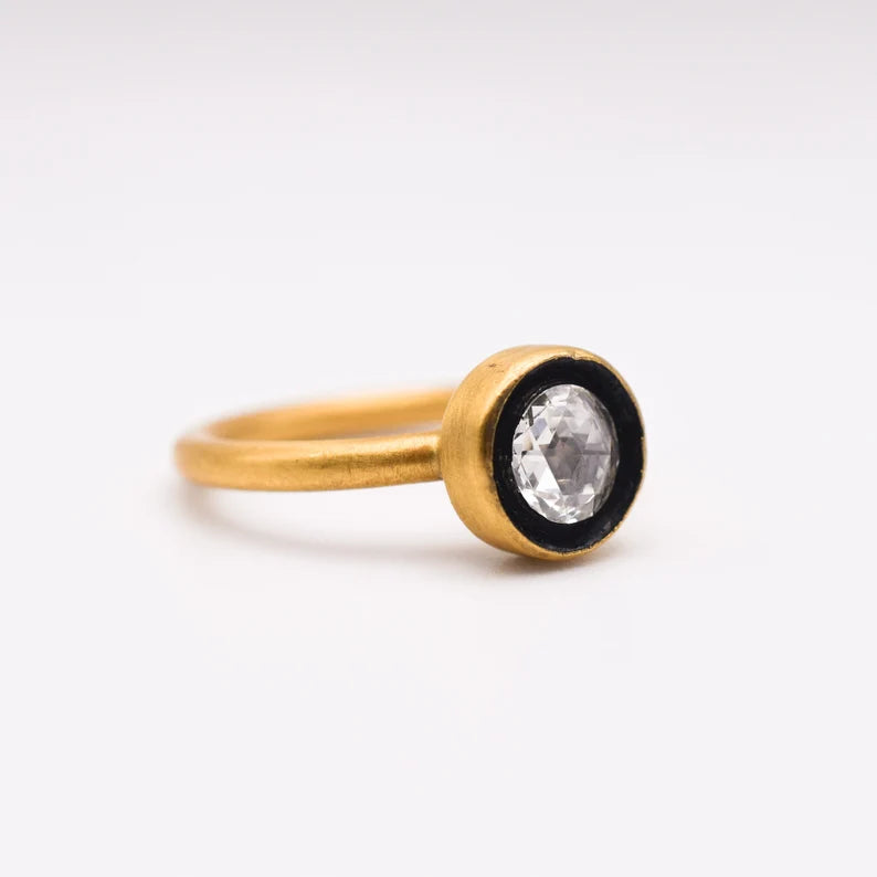 Estate 22k Gold Rose cut Diamond & Enamel Solitaire Engagement Ring