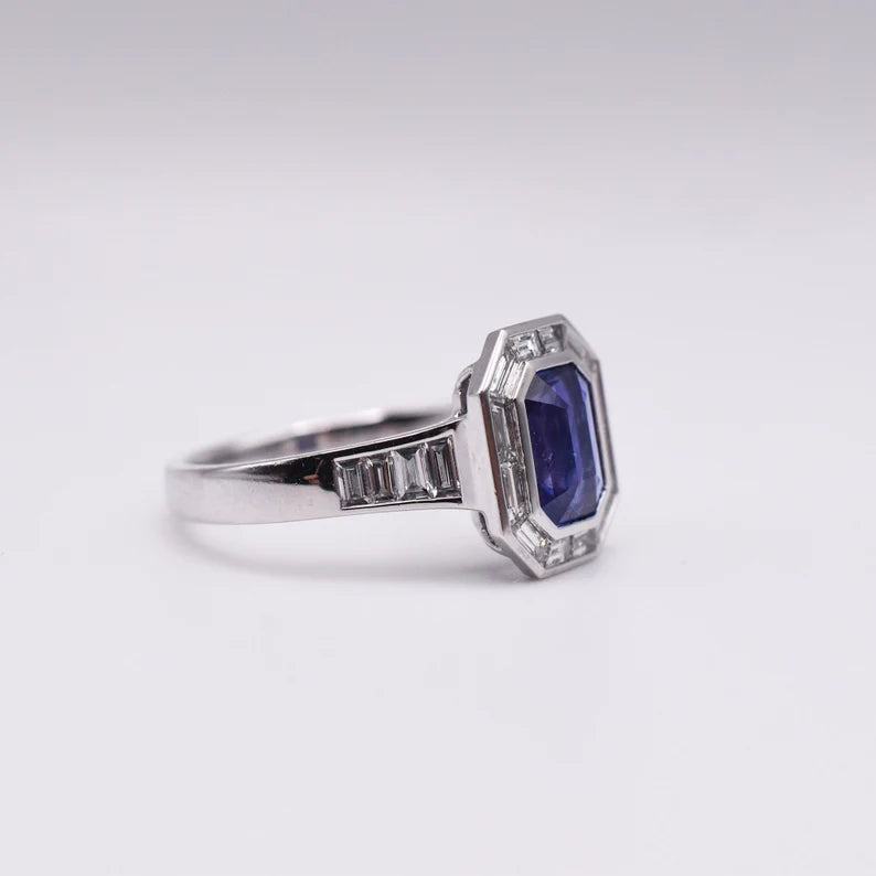 Estate Sapphire and Baguette-cut Diamond Platinum Engagement Ring